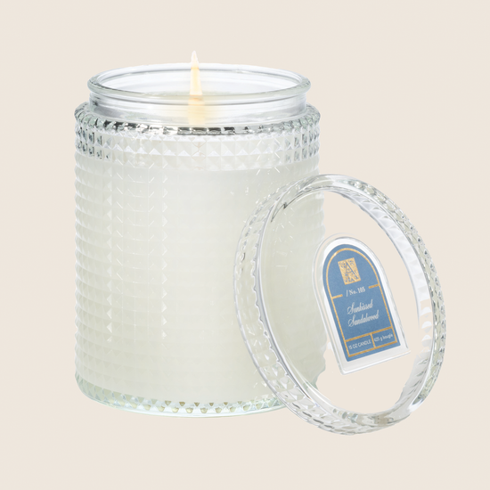 New! Sunkissed Sandalwood - Textured Glass Candle with Lid