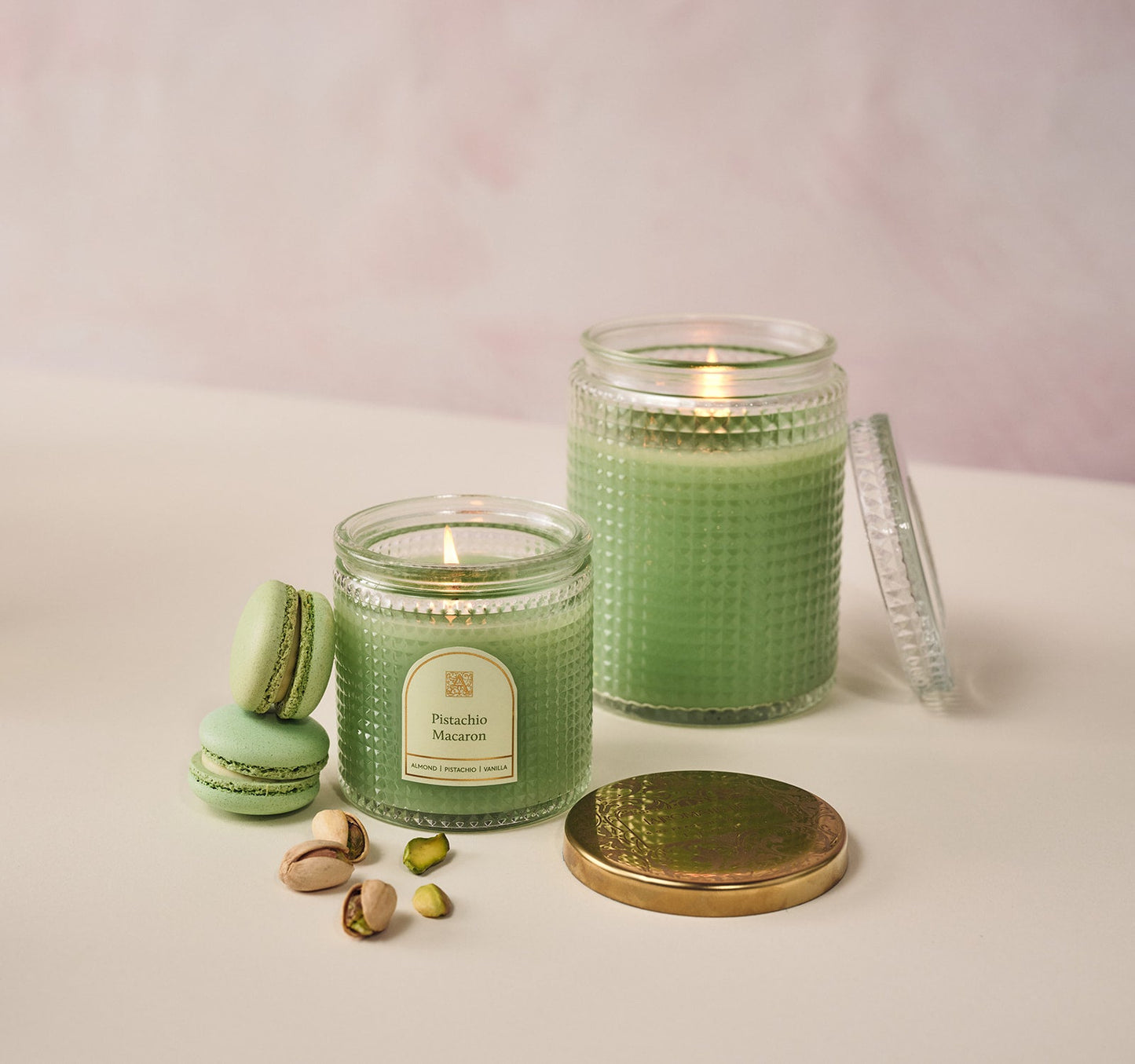 Pistachio Macaron - Textured Glass Candle with GlassLid