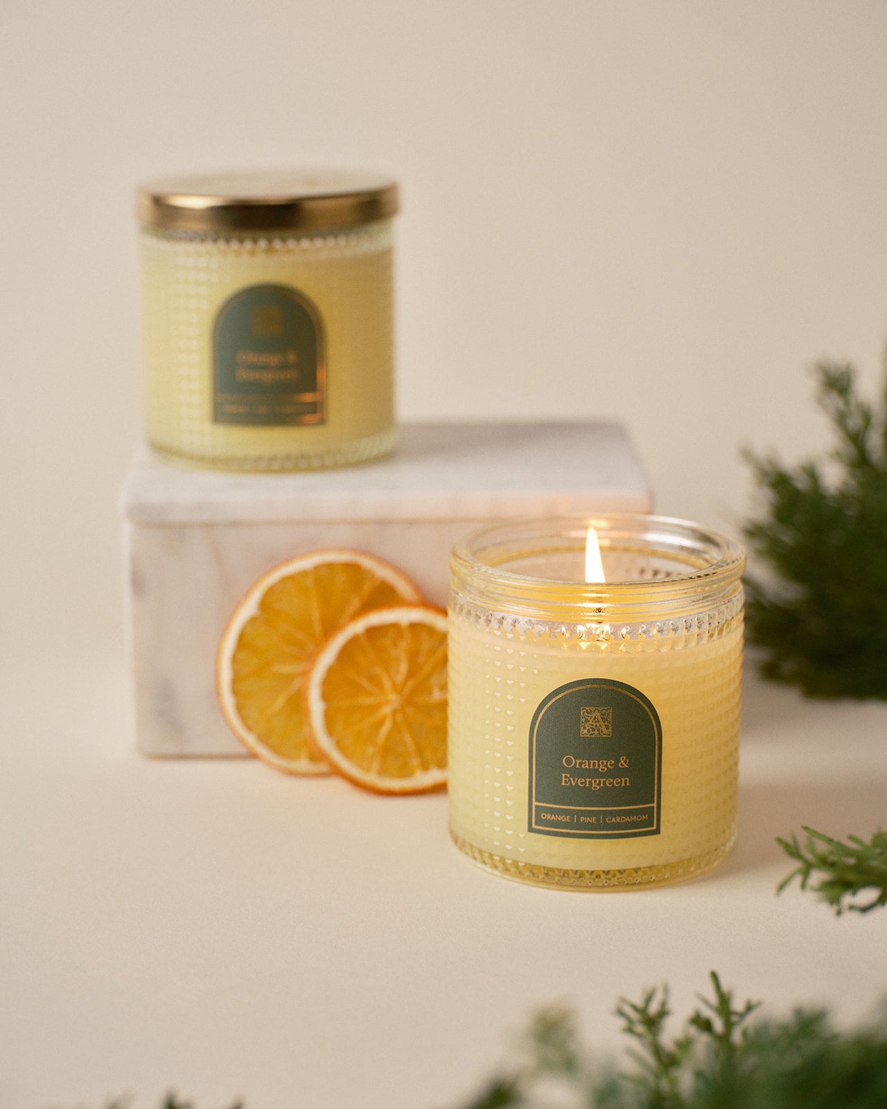 Orange & Evergreen - Textured Glass Candle