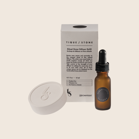 Load image into Gallery viewer, Replenish. Mentally exhausted? The essence of this fragrance will restore brain power and energy. Our Elderflower Vetiver Ritual Stone Refill is designed to refresh your Ritual Stone Diffuser Set. The set includes a bottle of essential oil blends and a ceramic disk. 
